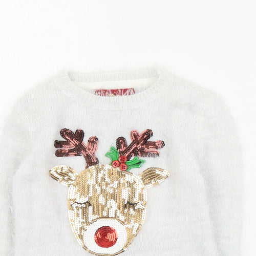 Primark Girls White Round Neck  Nylon Pullover Jumper Size 2-3 Years  Pullover - Christmas