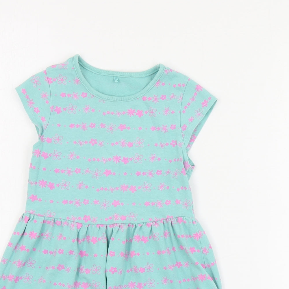 George Girls Blue Floral Cotton Skater Dress  Size 3-4 Years  Round Neck Pullover
