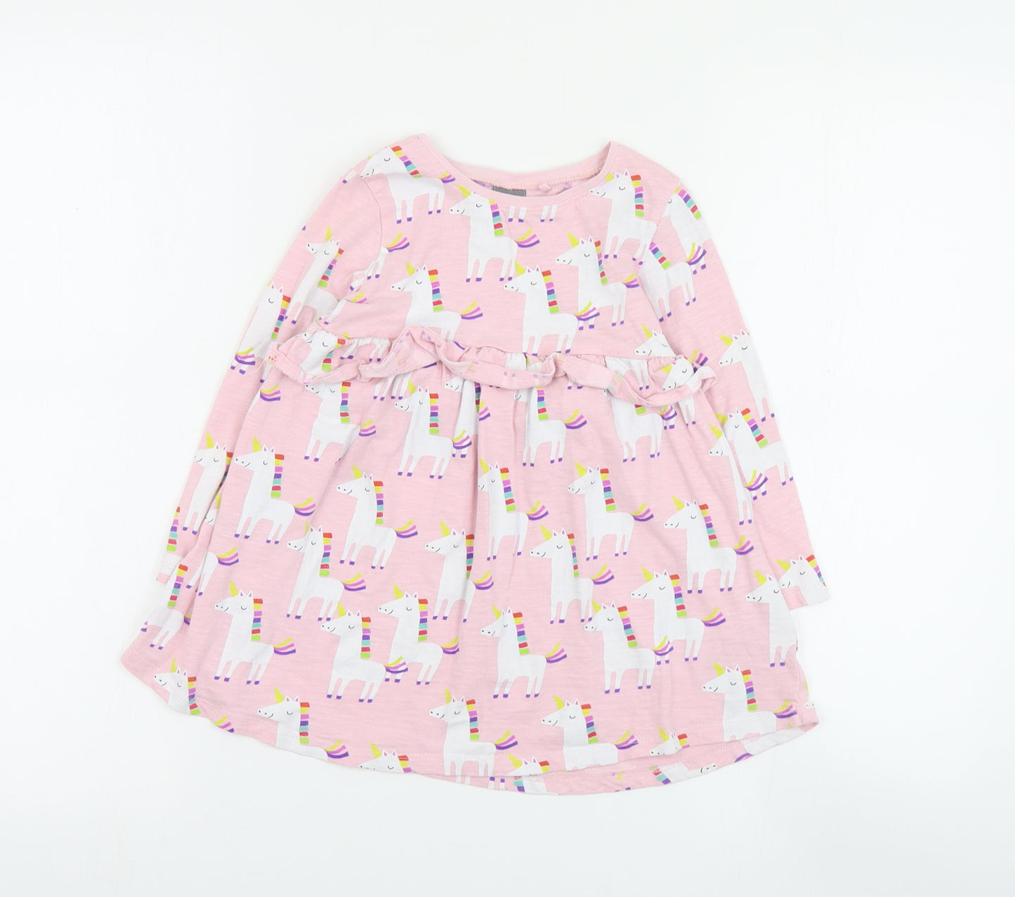 NEXT Girls Pink Geometric Cotton T-Shirt Dress  Size 2-3 Years  Round Neck Pullover - Unicorn