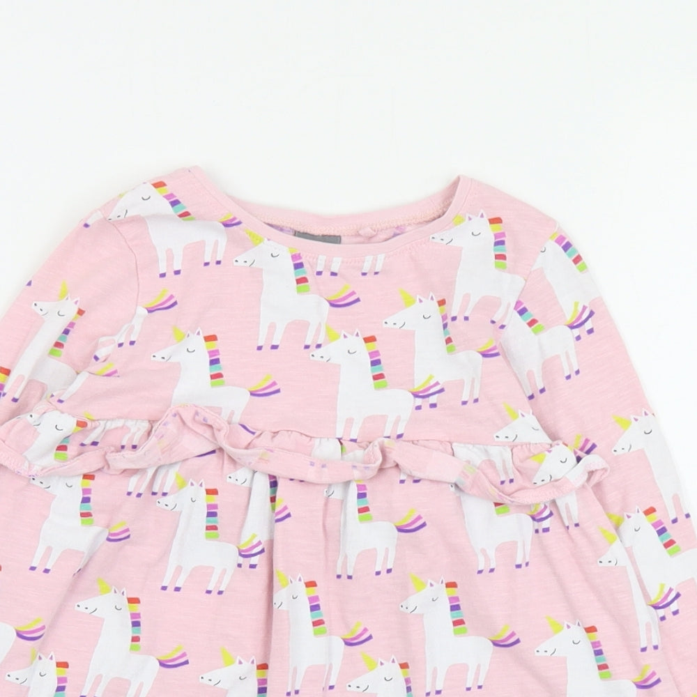 NEXT Girls Pink Geometric Cotton T-Shirt Dress  Size 2-3 Years  Round Neck Pullover - Unicorn