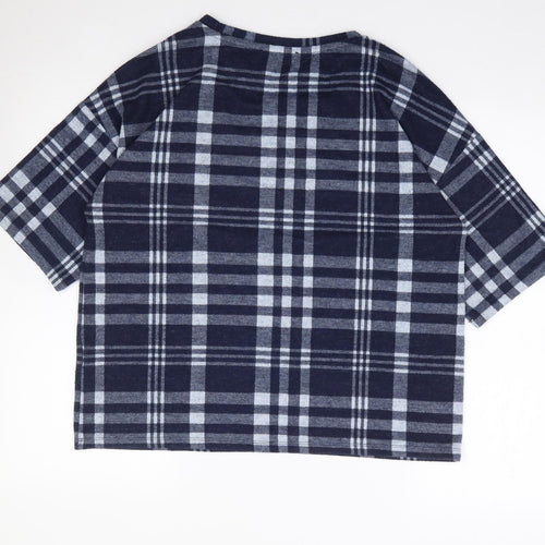 Marks and Spencer Womens Blue Plaid Polyester Jersey T-Shirt Size 14 Crew Neck