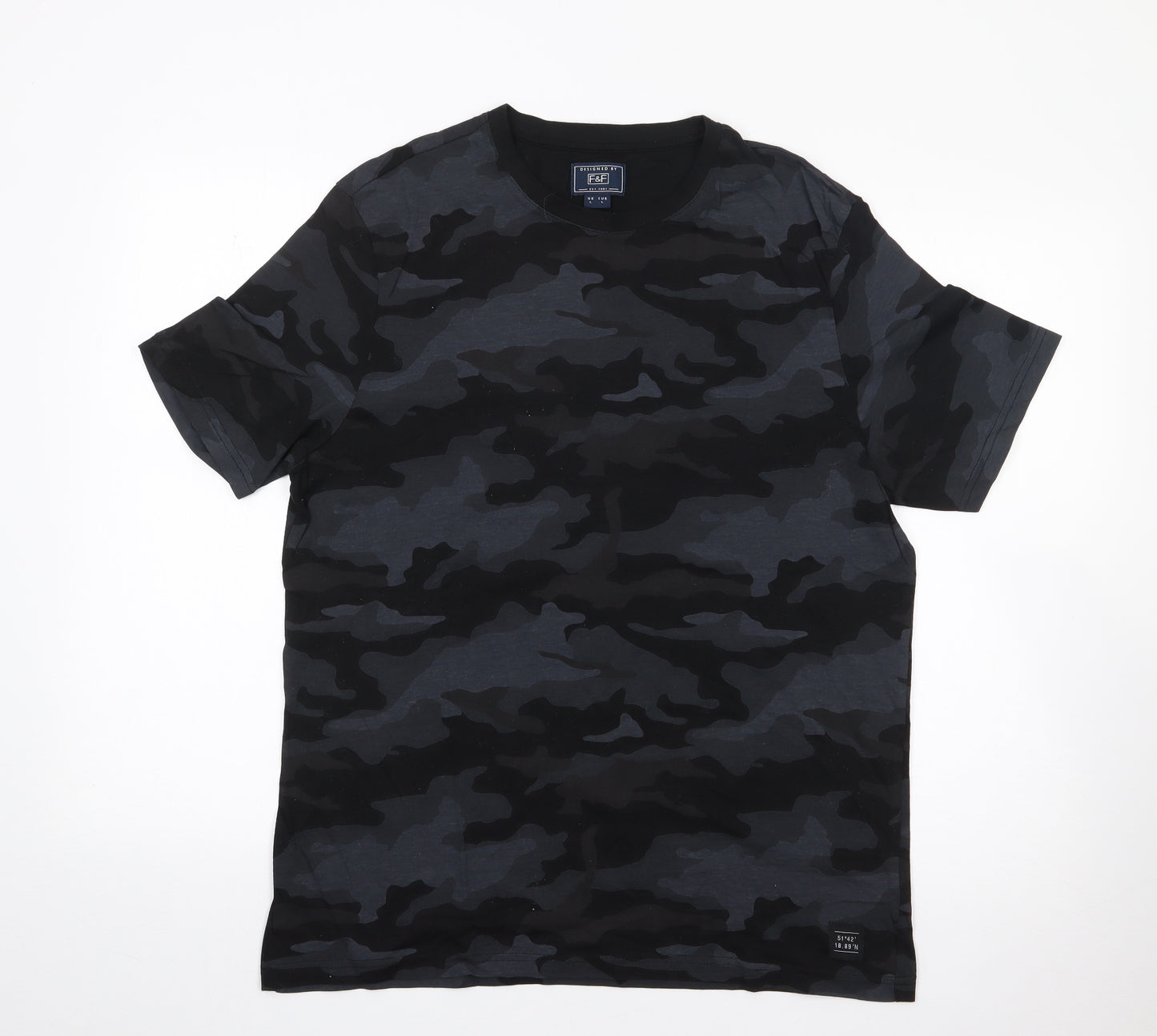 F&F Mens Black Camouflage Cotton  T-Shirt Size L Crew Neck