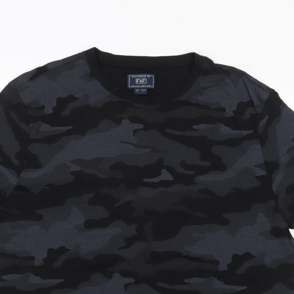 F&F Mens Black Camouflage Cotton  T-Shirt Size L Crew Neck