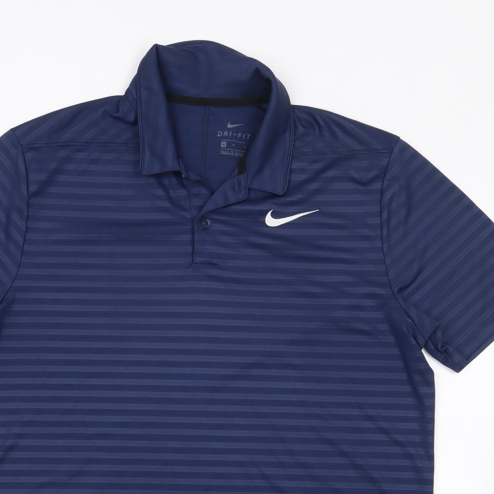 Nike Mens Blue Striped Polyester  Polo Size M Collared Pullover - Dri Fit