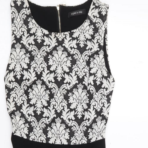Styled in Italy Womens Black Floral Polyester Fit & Flare  Size S  Round Neck Zip