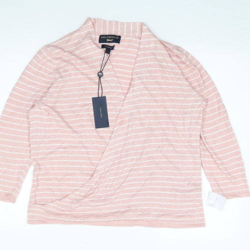 Paul Costelloe Womens Pink Striped Linen Jersey T-Shirt Size L V-Neck