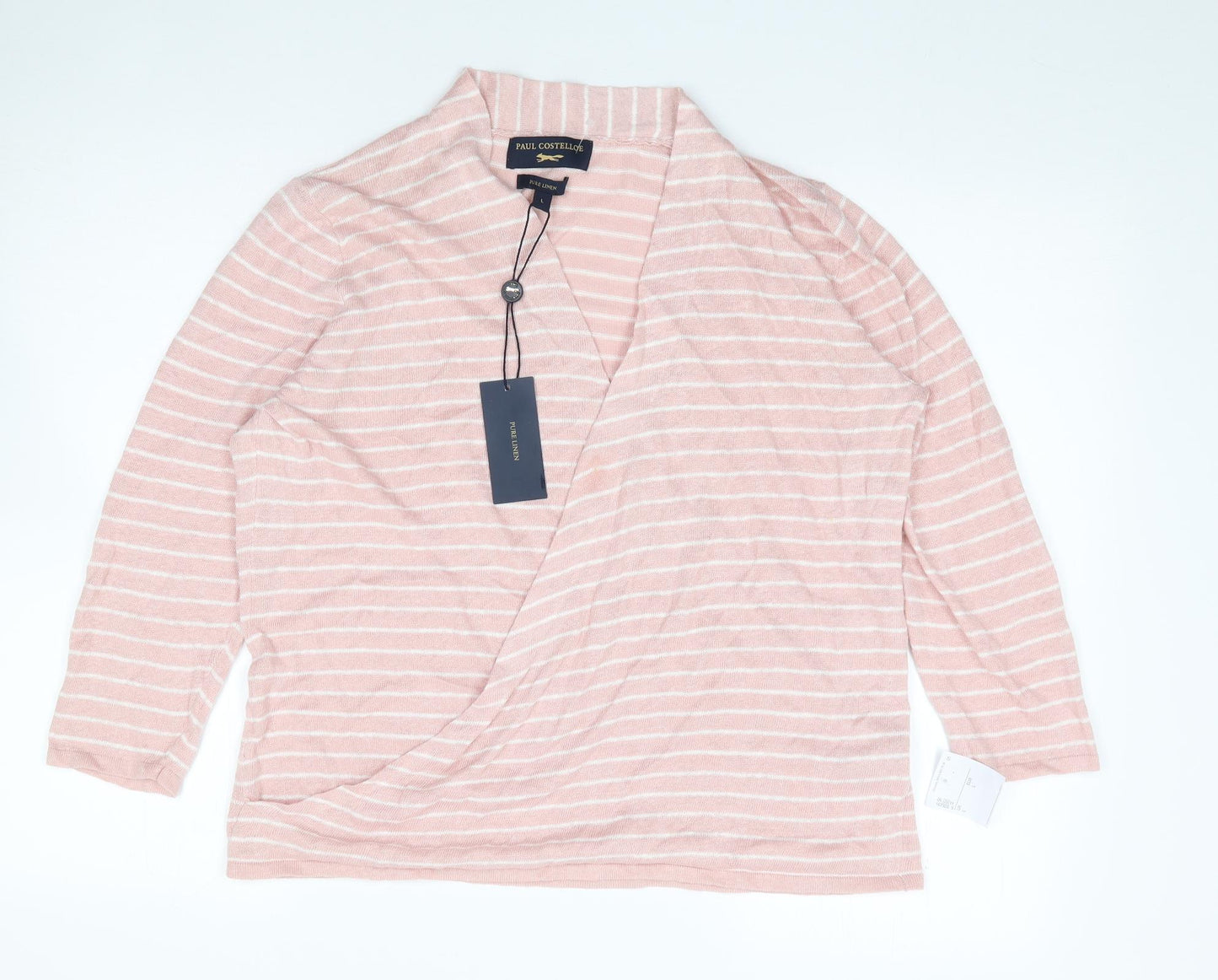 Paul Costelloe Womens Pink Striped Linen Jersey T-Shirt Size L V-Neck