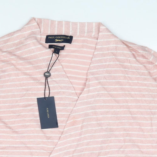 Paul Costelloe Womens Pink Striped Linen Jersey T-Shirt Size L V-Neck