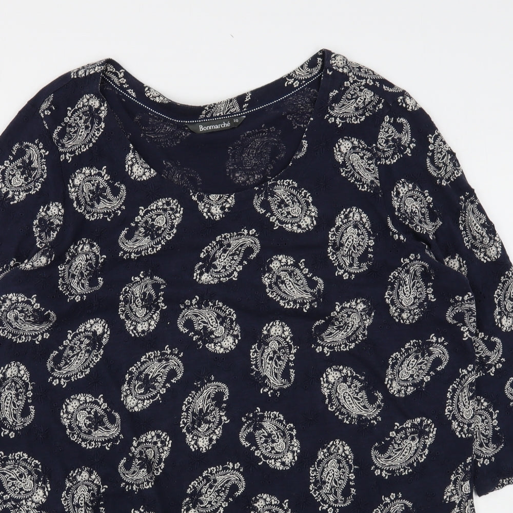 Bonmarche Womens Blue Floral Cotton Basic T-Shirt Size 20 Round Neck