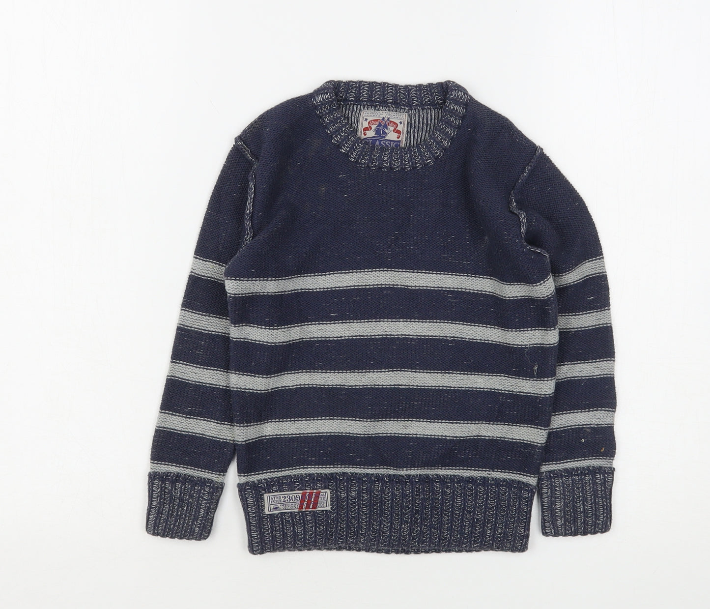 TU Boys Blue Round Neck Striped Cotton Pullover Jumper Size 4 Years