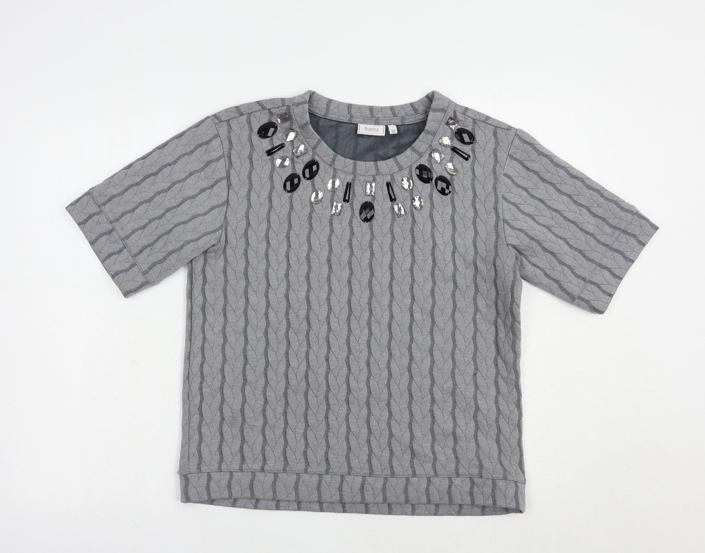 Fransa Womens Grey Geometric Polyester Basic Blouse Size XS Round Neck