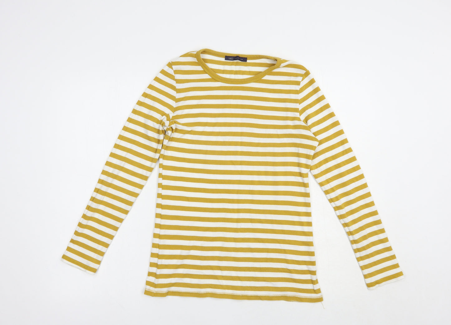 Marks and Spencer Womens Yellow Striped Cotton Basic T-Shirt Size 12 Crew Neck