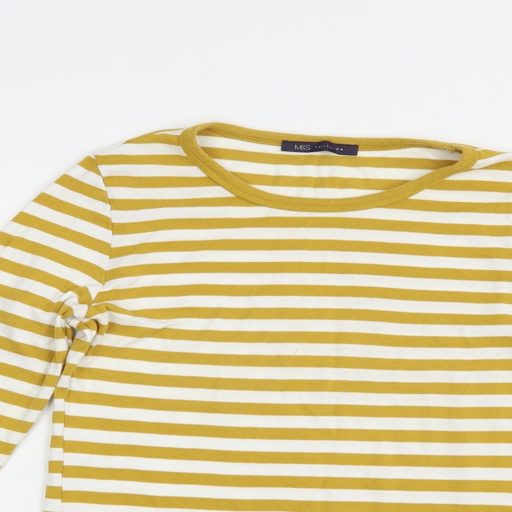 Marks and Spencer Womens Yellow Striped Cotton Basic T-Shirt Size 12 Crew Neck