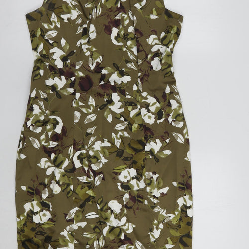 F&F Womens Green Floral Polyester Pencil Dress  Size 12  Round Neck Zip
