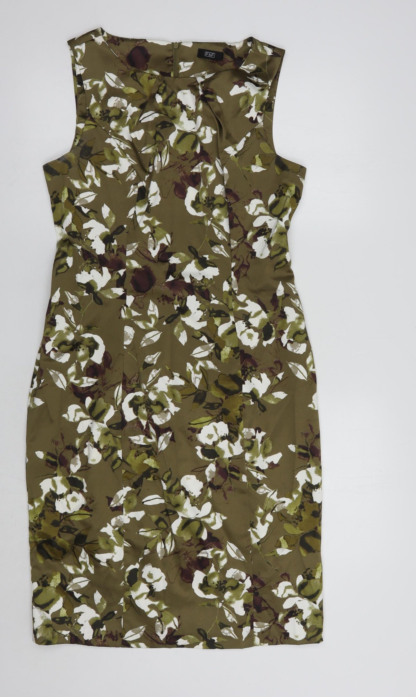 F&F Womens Green Floral Polyester Pencil Dress  Size 12  Round Neck Zip