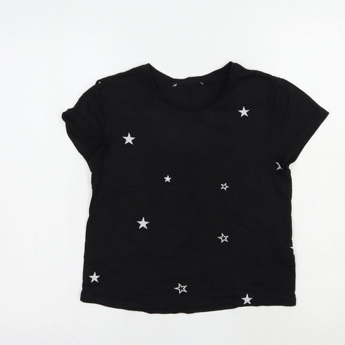 Primark Womens Black Geometric Polyester Basic T-Shirt Size 4 Crew Neck - Stars