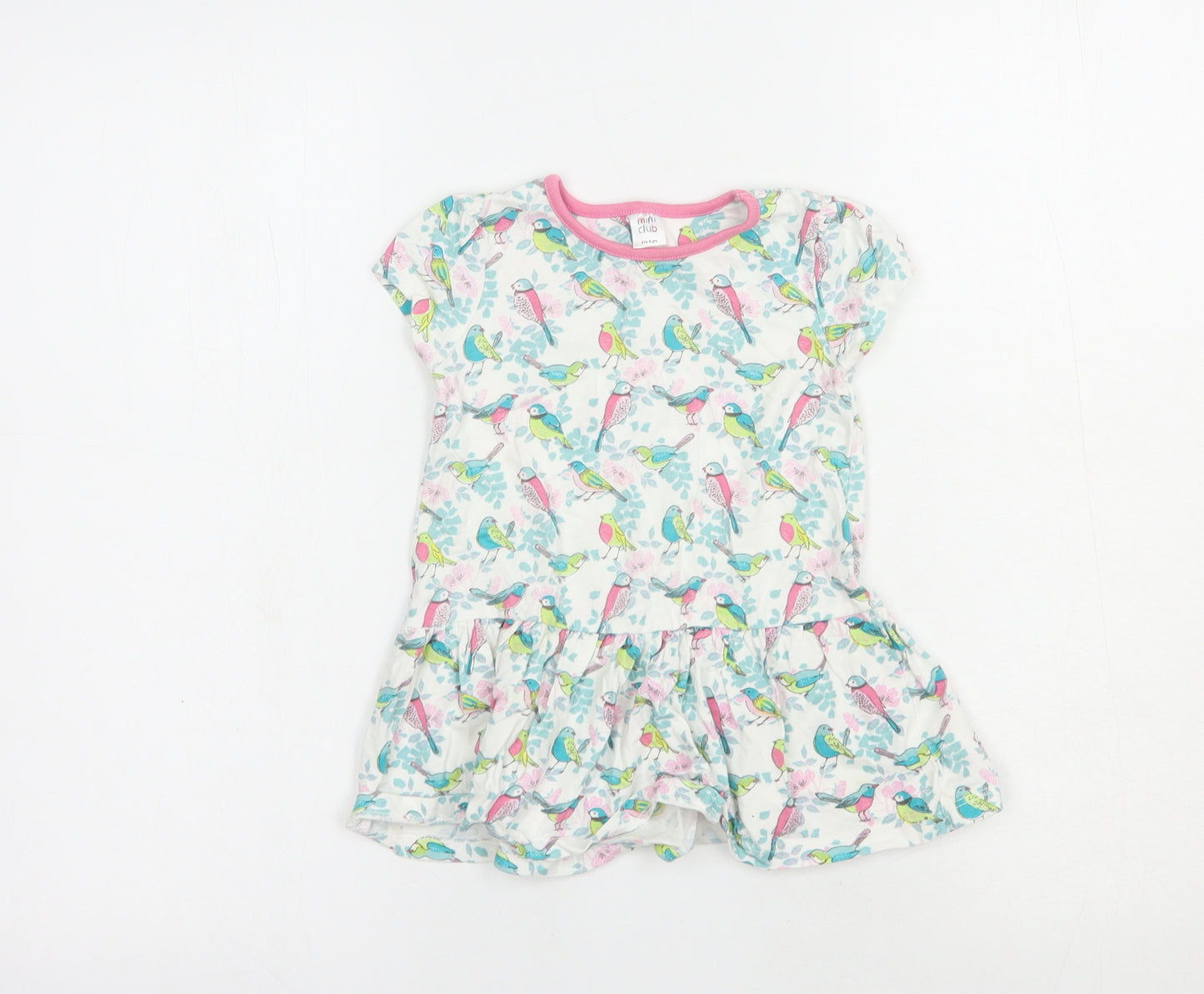 Mini Club Baby White Floral Cotton Tunic T-Shirt Size 18-24 Months Crew Neck Pullover - Bird Print