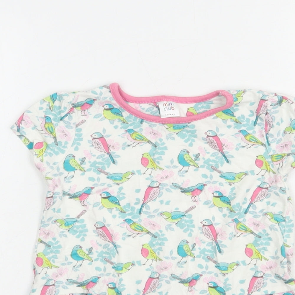Mini Club Baby White Floral Cotton Tunic T-Shirt Size 18-24 Months Crew Neck Pullover - Bird Print