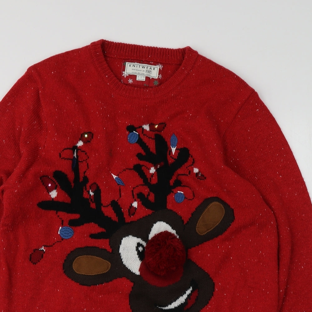 F&F Womens Red Round Neck Geometric Acrylic Pullover Jumper Size L   - Santa Jumper