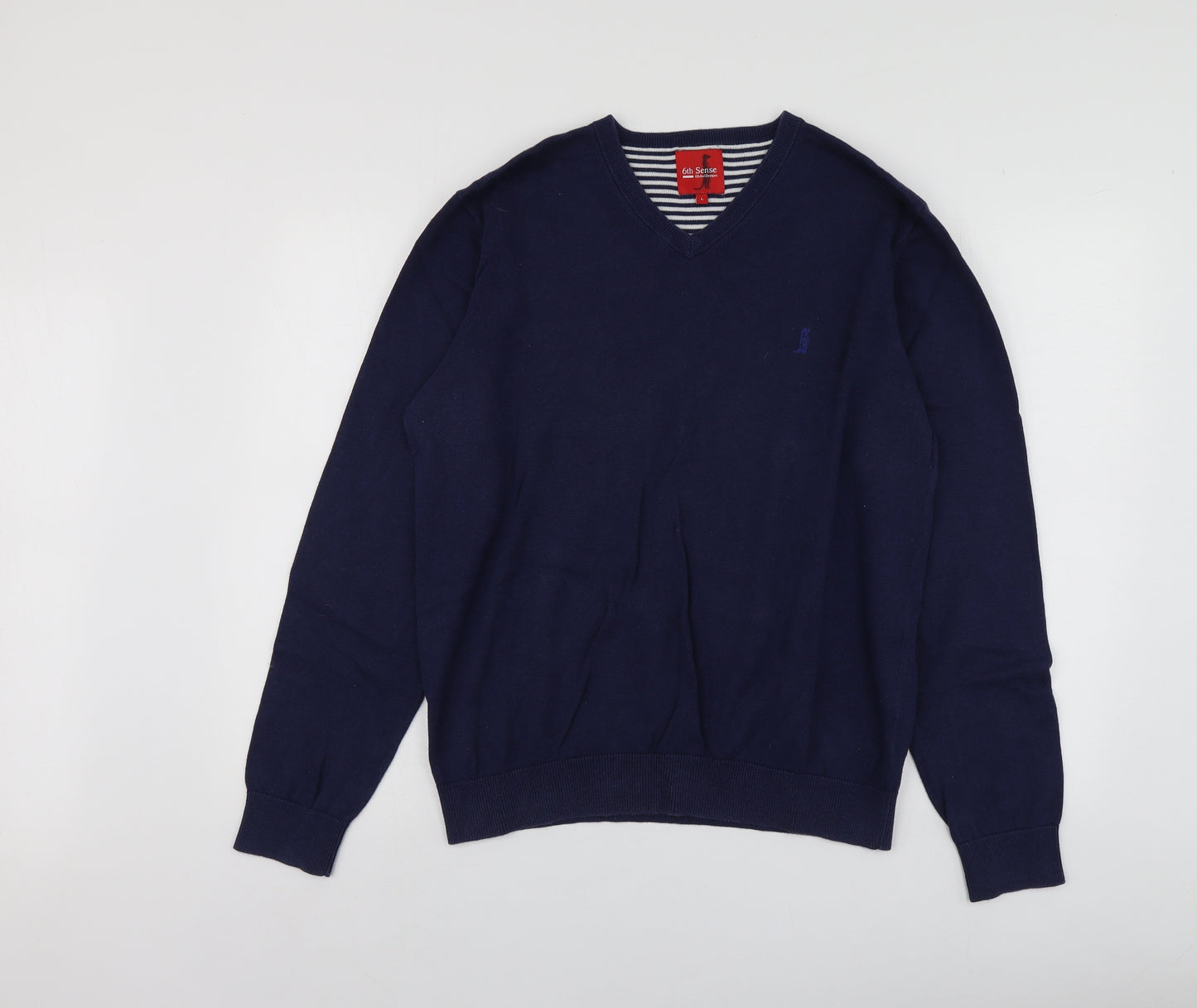 6th Sense Mens Blue V-Neck  Cotton Pullover Jumper Size L