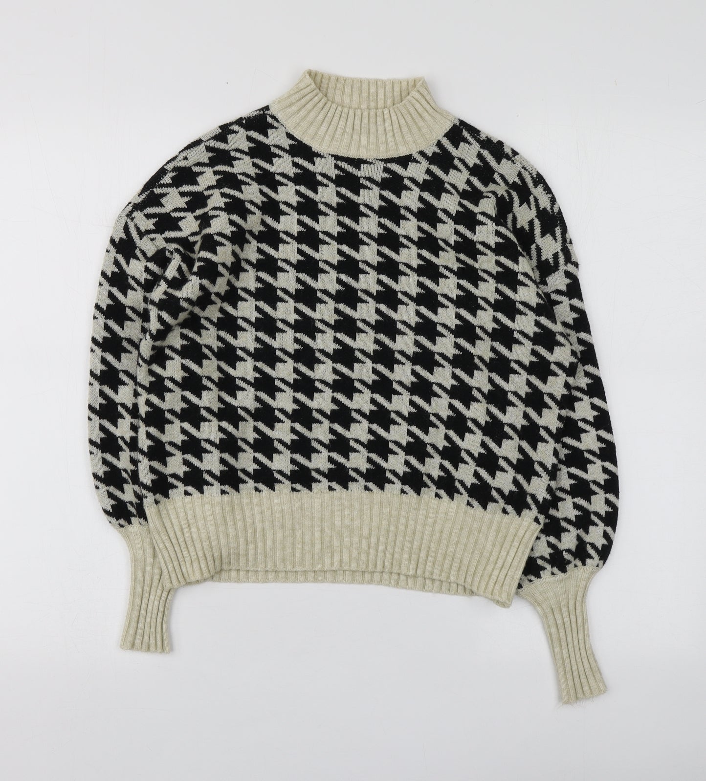 Only Womens Beige High Neck Houndstooth Acrylic Pullover Jumper Size S