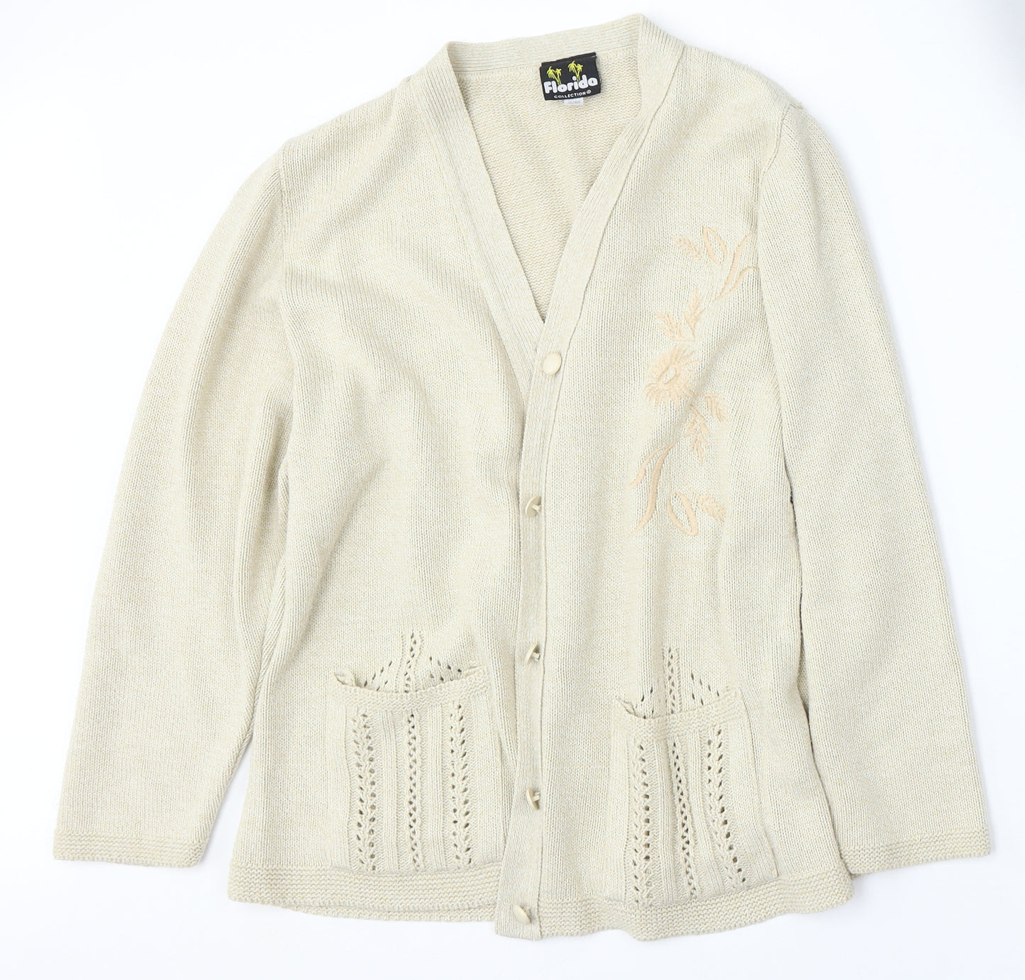 Florida Womens Beige V-Neck  Acrylic Cardigan Jumper Size S