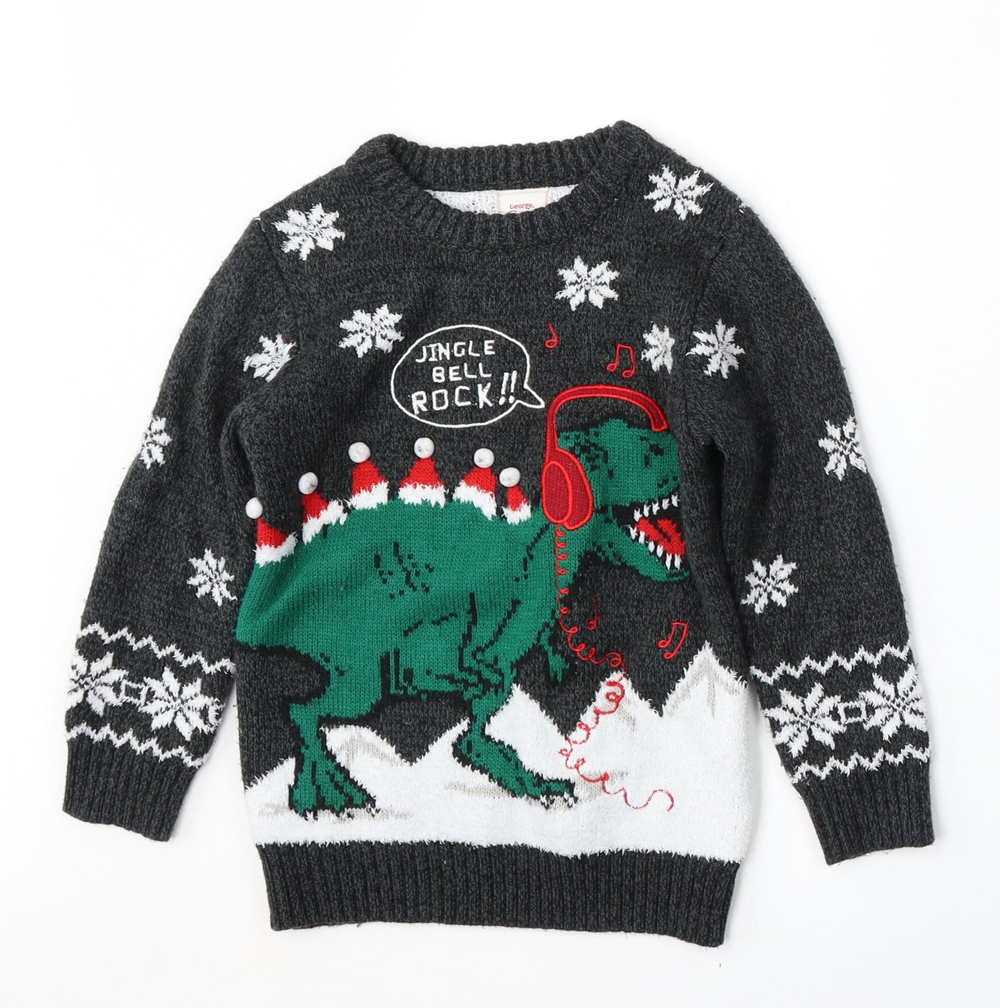 George Boys Grey Round Neck  Acrylic Pullover Jumper Size 5-6 Years   - christmas