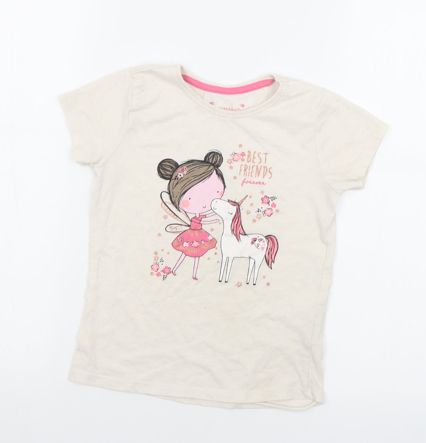 Primark Girls Ivory  Cotton Basic T-Shirt Size 7-8 Years Crew Neck  - Unicorn
