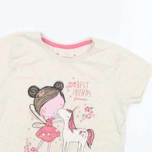 Primark Girls Ivory  Cotton Basic T-Shirt Size 7-8 Years Crew Neck  - Unicorn