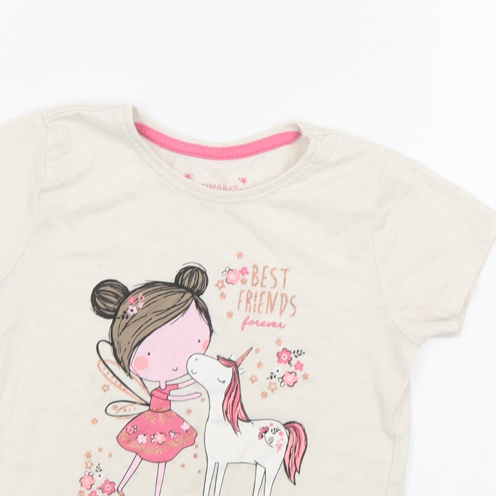 Primark Girls Ivory  Cotton Basic T-Shirt Size 7-8 Years Crew Neck  - Unicorn