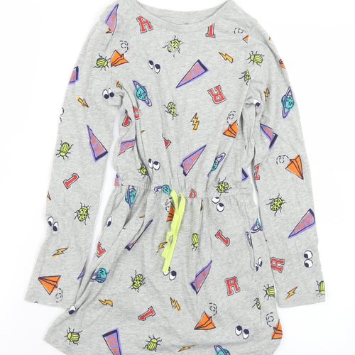 Lands' End Girls Grey Geometric Cotton A-Line  Size 6-7 Years  Crew Neck