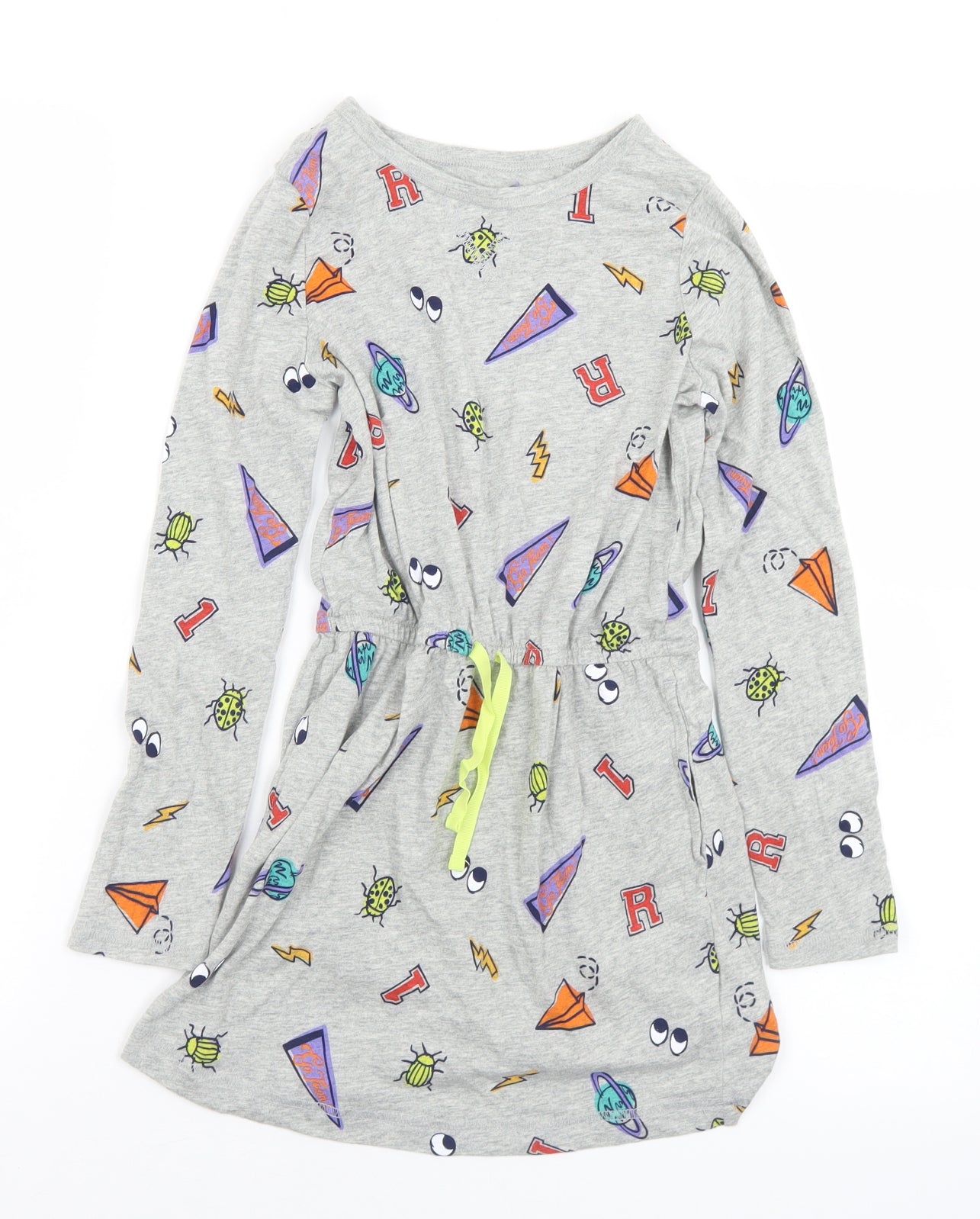 Lands' End Girls Grey Geometric Cotton A-Line  Size 6-7 Years  Crew Neck