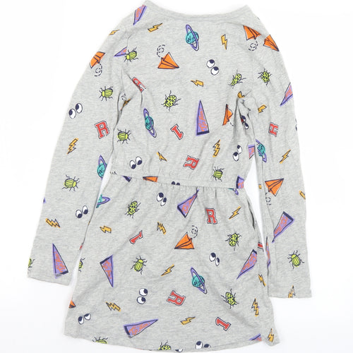 Lands' End Girls Grey Geometric Cotton A-Line  Size 6-7 Years  Crew Neck