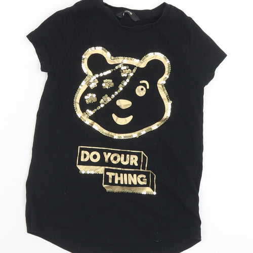 George Girls Black  Cotton Basic T-Shirt Size 4-5 Years Crew Neck  - Pudsey