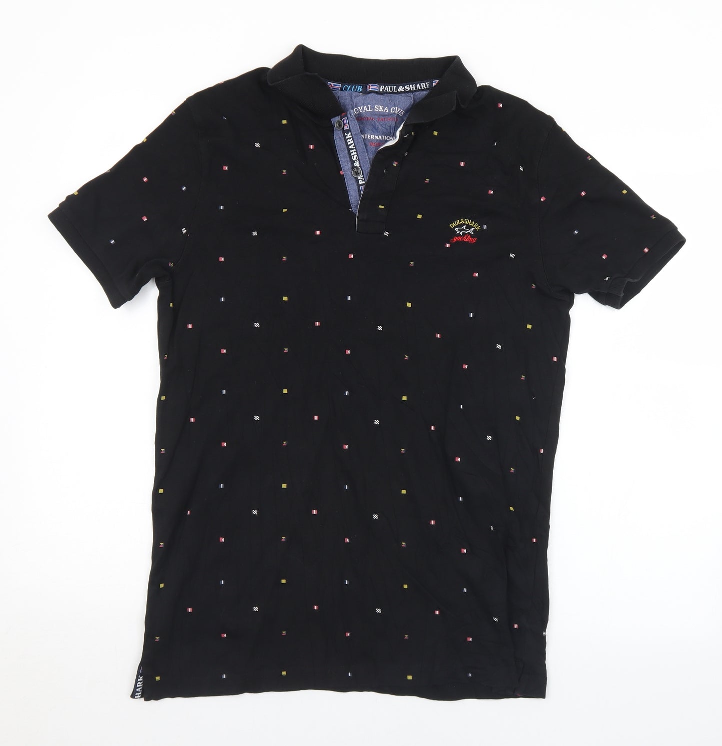 Paul Shark Mens Black Geometric Cotton  Polo Size S Collared Button - S/M