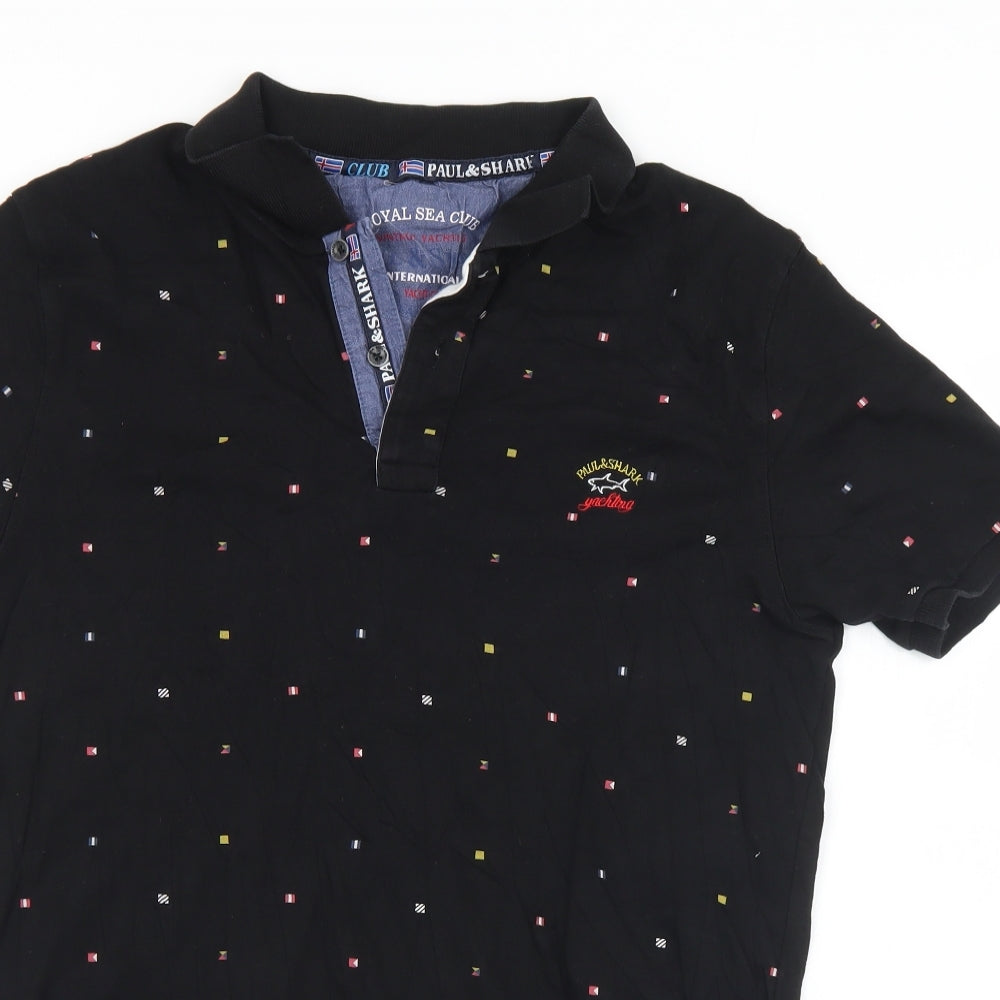 Paul Shark Mens Black Geometric Cotton  Polo Size S Collared Button - S/M
