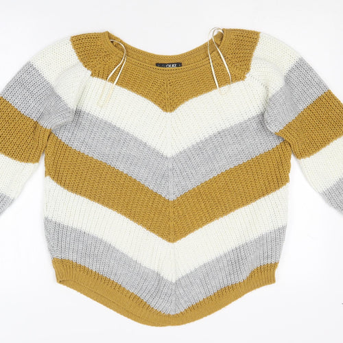 Quiz Womens Yellow Round Neck Striped Acrylic Pullover Jumper Size S