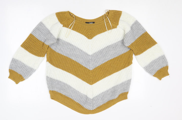 Quiz Womens Yellow Round Neck Striped Acrylic Pullover Jumper Size S