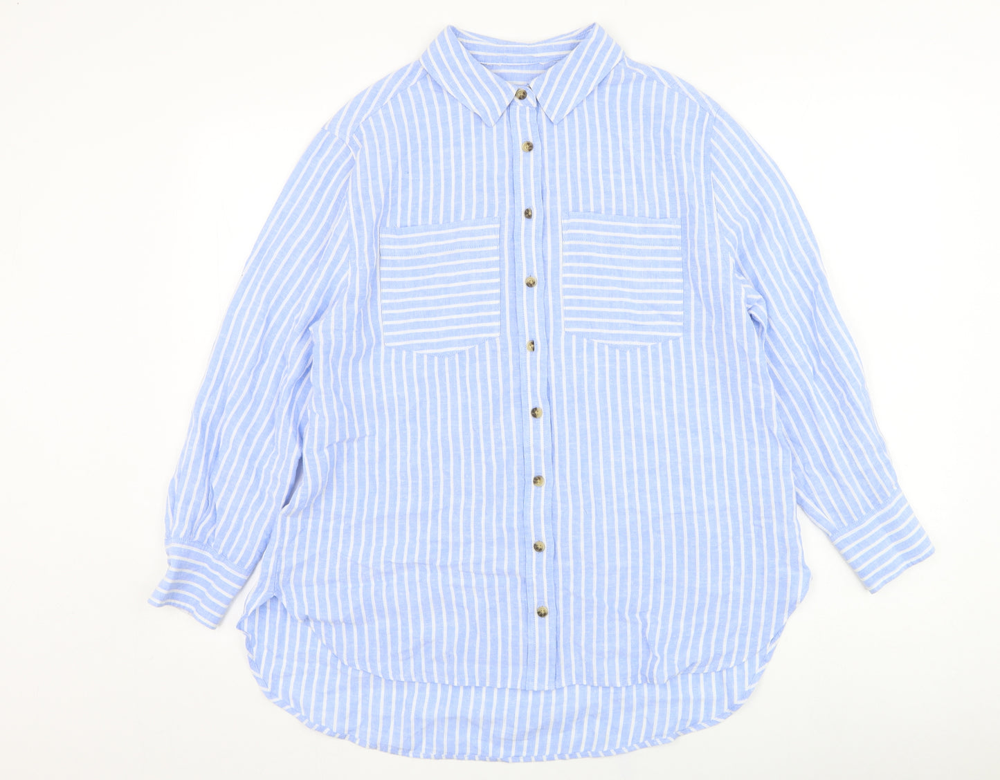 F&F Womens Blue Striped Linen Basic Button-Up Size 6 Collared
