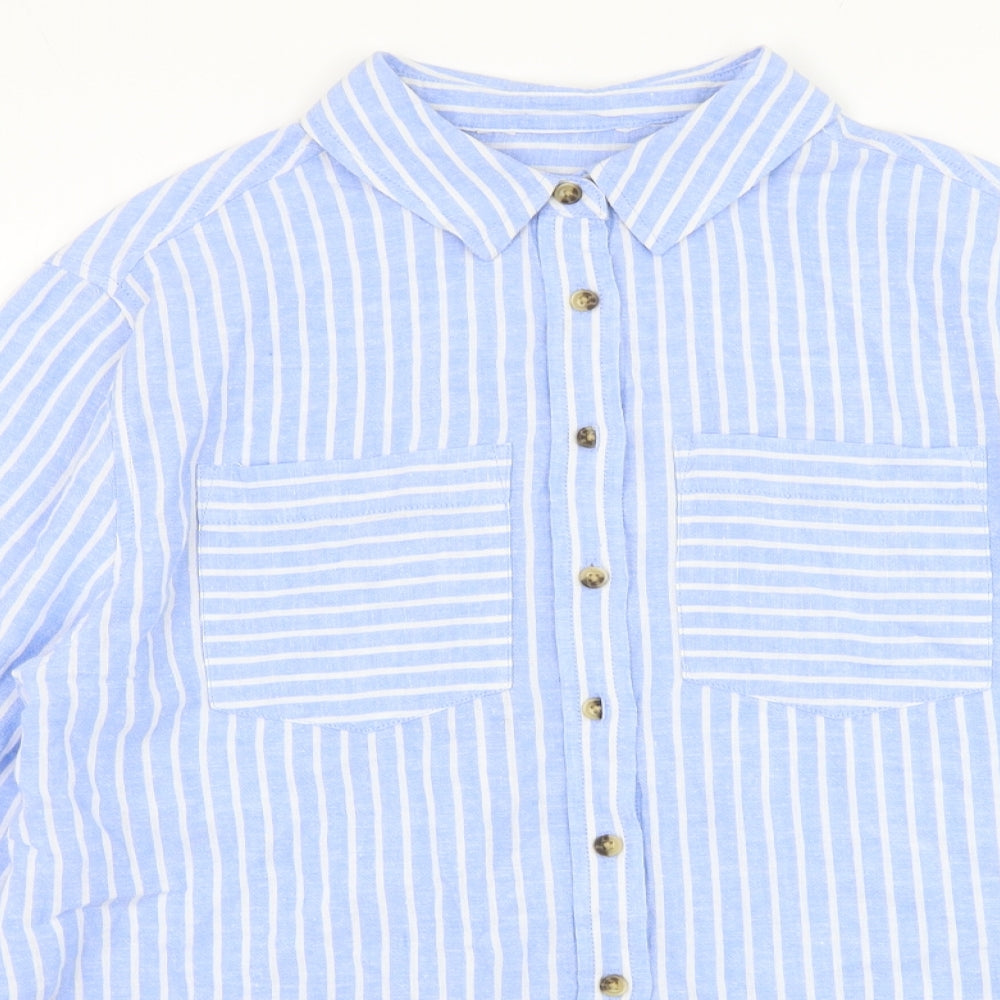 F&F Womens Blue Striped Linen Basic Button-Up Size 6 Collared