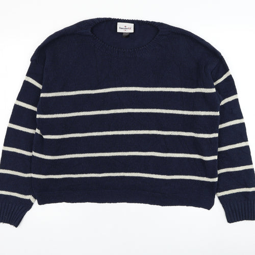 SweaterCo Womens Blue Round Neck Striped Cotton Pullover Jumper Size M