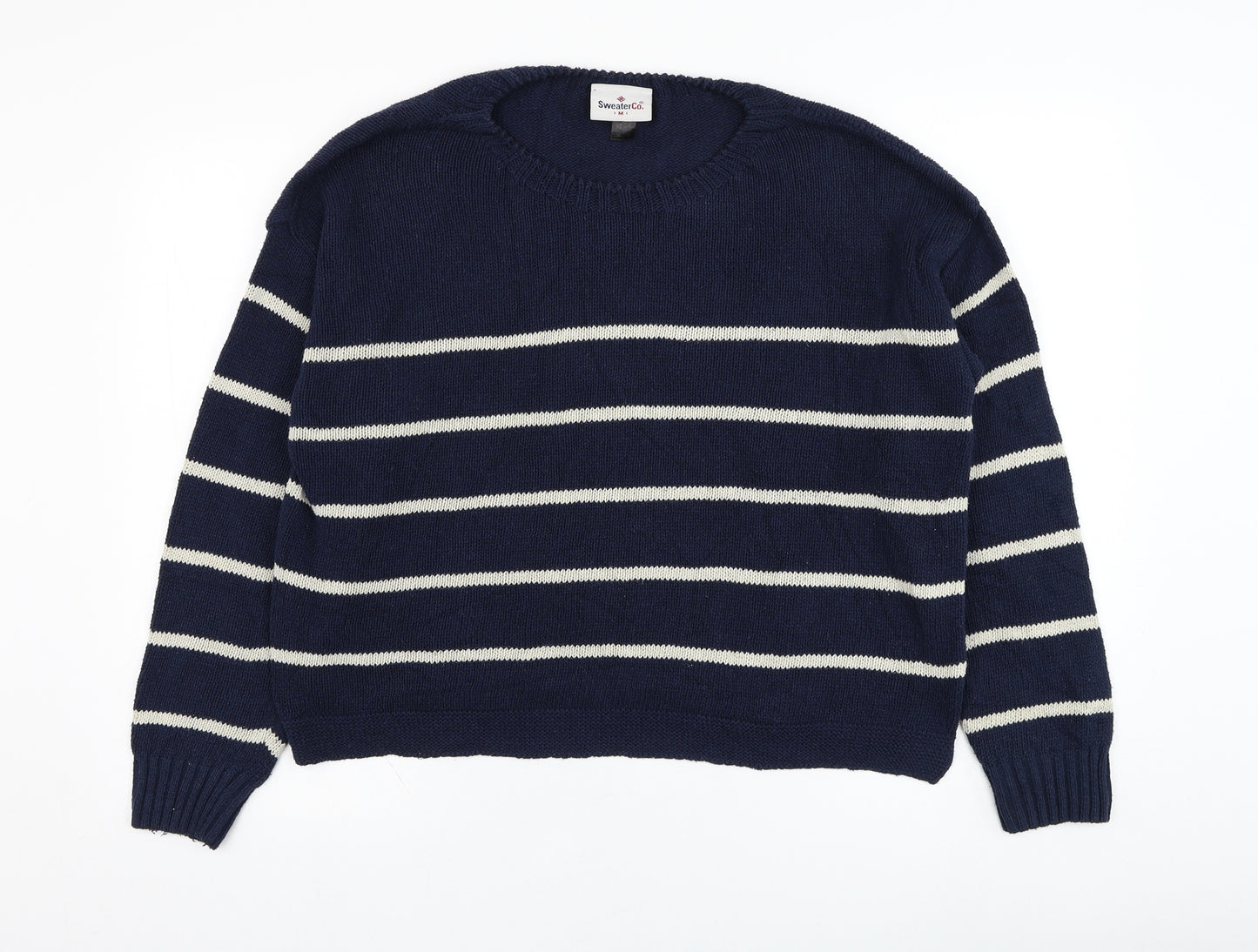 SweaterCo Womens Blue Round Neck Striped Cotton Pullover Jumper Size M
