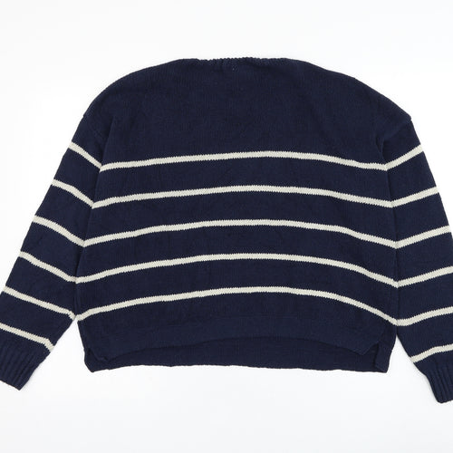 SweaterCo Womens Blue Round Neck Striped Cotton Pullover Jumper Size M
