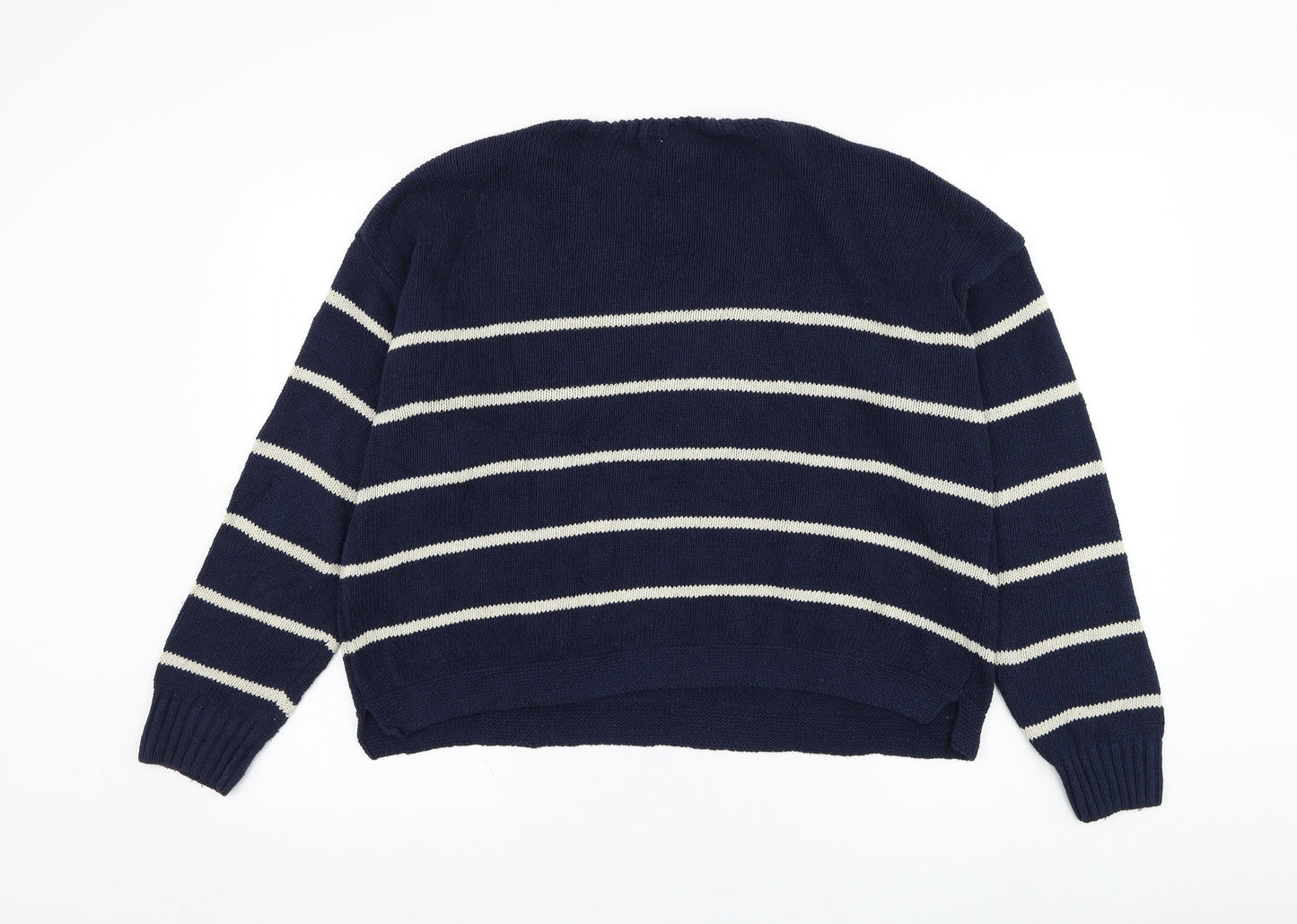 SweaterCo Womens Blue Round Neck Striped Cotton Pullover Jumper Size M