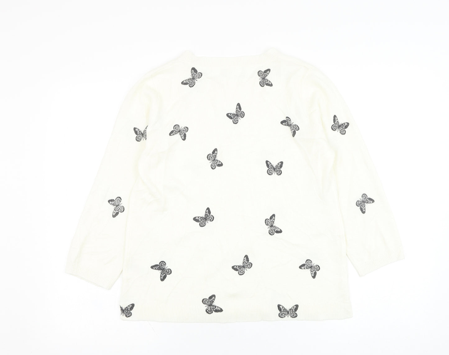 Matalan Womens White Round Neck  Acrylic Pullover Jumper Size 12   - Butterfly