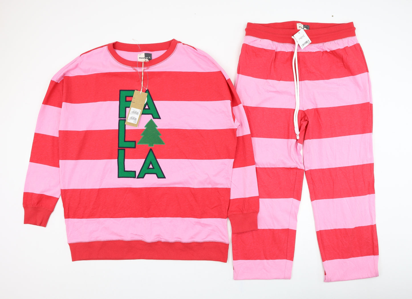 NEXT Womens Pink Striped Cotton Top Pyjama Set Size 12   - Fa La La, Christmas