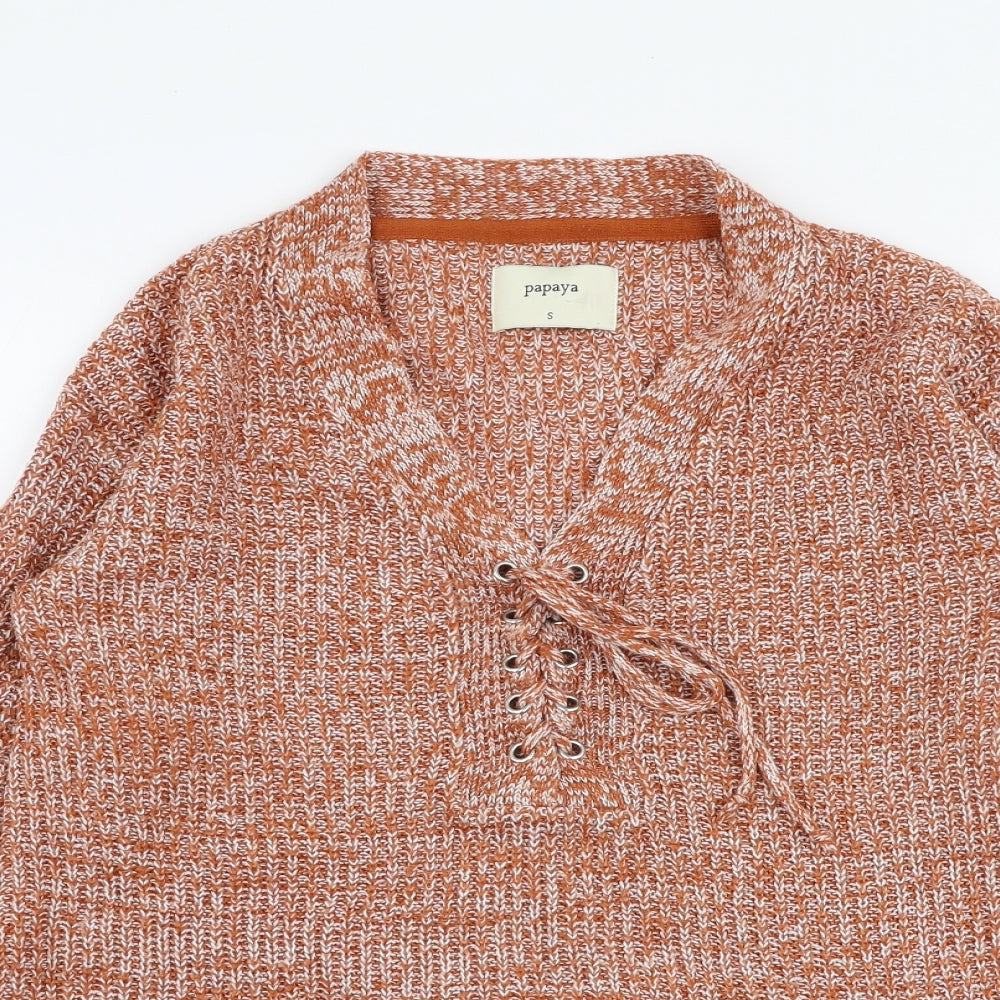 Papaya Womens Orange V-Neck  Acrylic Pullover Jumper Size S