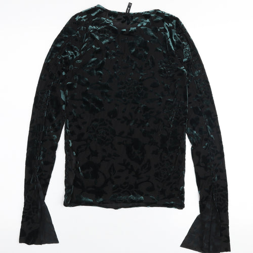 Stradivarius Womens Green Floral Polyamide Basic Blouse Size S Round Neck