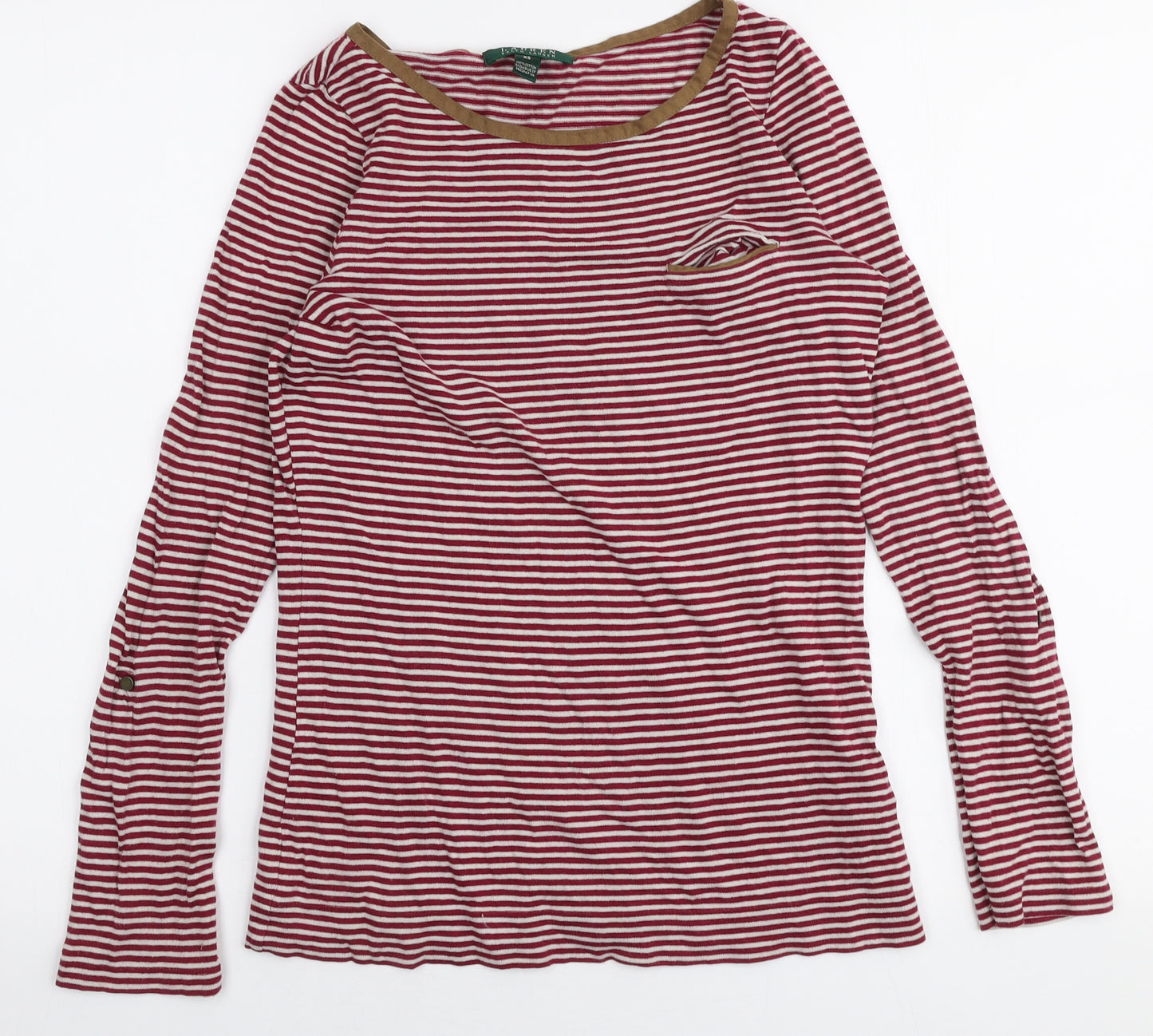 Ralph Lauren Womens Red Striped 100% Cotton Jersey T-Shirt Size XS Round Neck