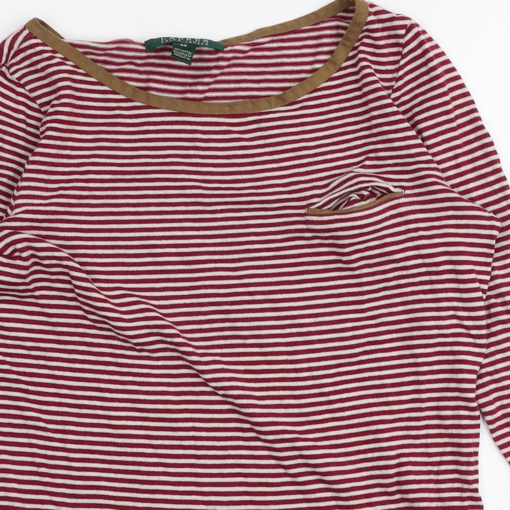 Ralph Lauren Womens Red Striped 100% Cotton Jersey T-Shirt Size XS Round Neck